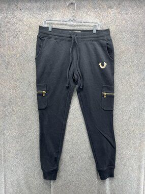 True Religion Jogger Sweatpants Mens Large Black Fleece Cargo Zip Logo Pants